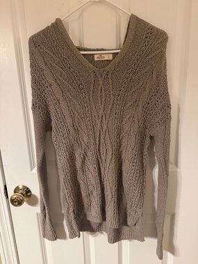 Hollister Taupe Open-Stitch Cable V-Neck Sweater